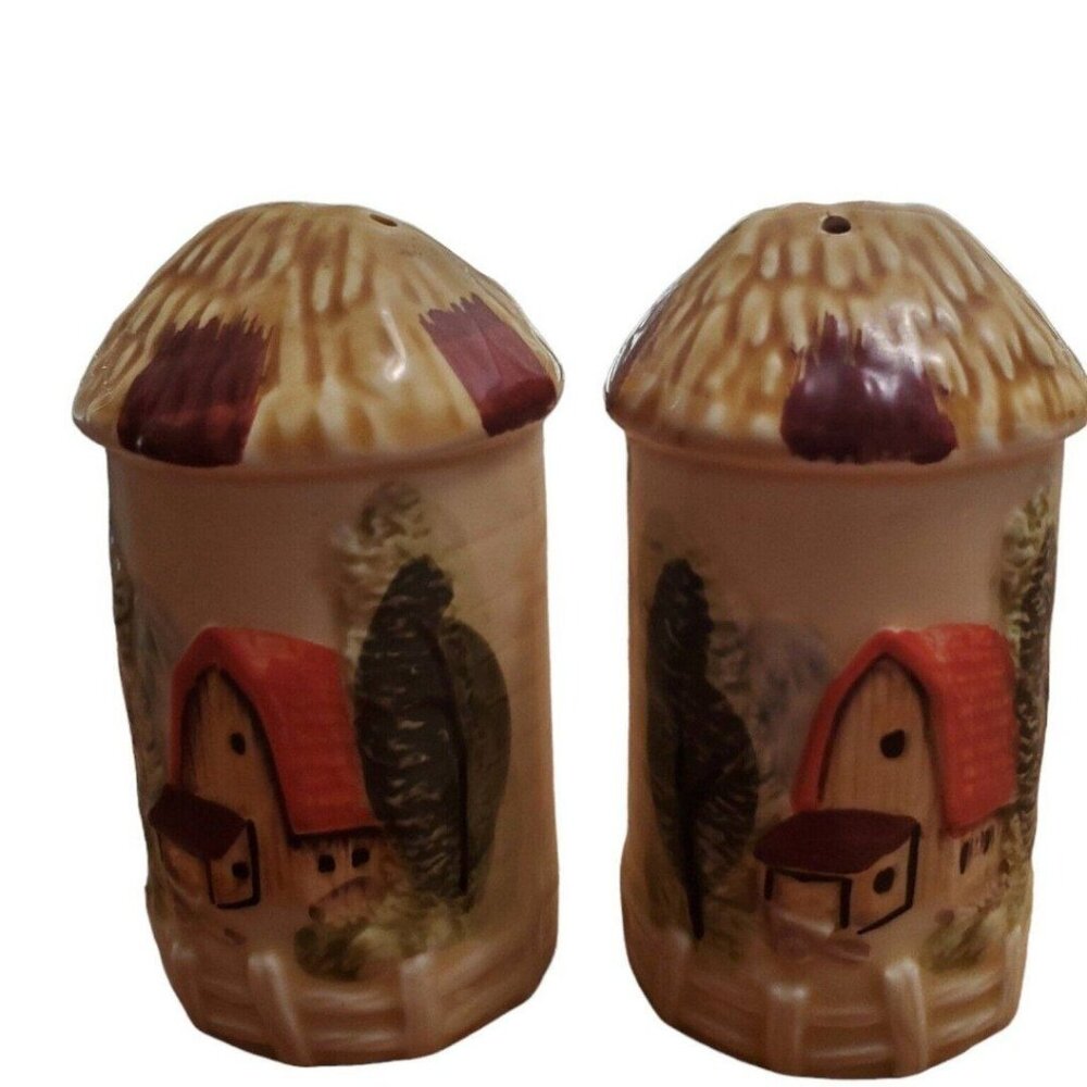 Vintage Occupied Japan Silo Shaped Farm Salt and Pepper Shakers Fall Orange